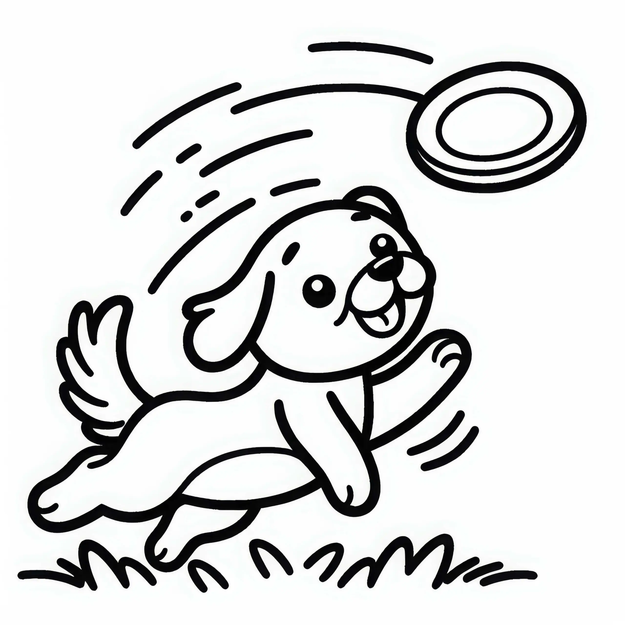 Hund jagt fliegenden Frisbee hinterher – Ausmalbild gratis