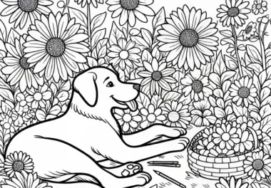 Hund liegt zwischen Sommerblumen – Ausmalbild kostenlos herunterladen