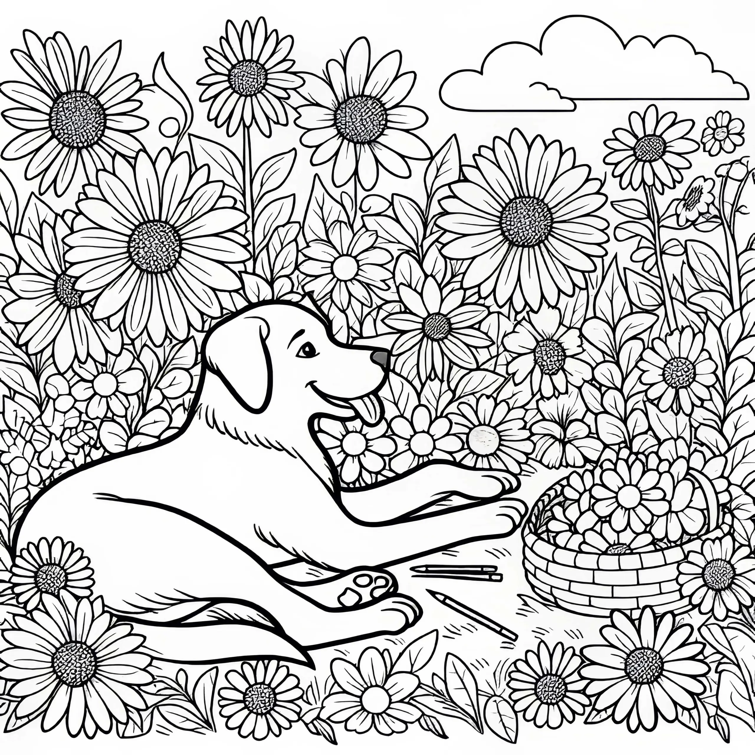 Hund liegt zwischen Sommerblumen – Ausmalbild kostenlos herunterladen