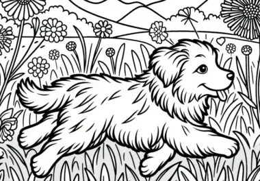 Hund rennt durch Wiese mit hohen Blumen – Malvorlage gratis
