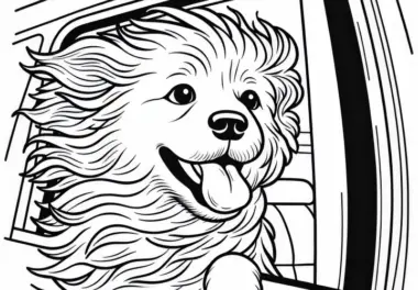 Hund schaut aus Autofenster mit wehenden Fell im Fahrtwind – Malvorlage kostenlos