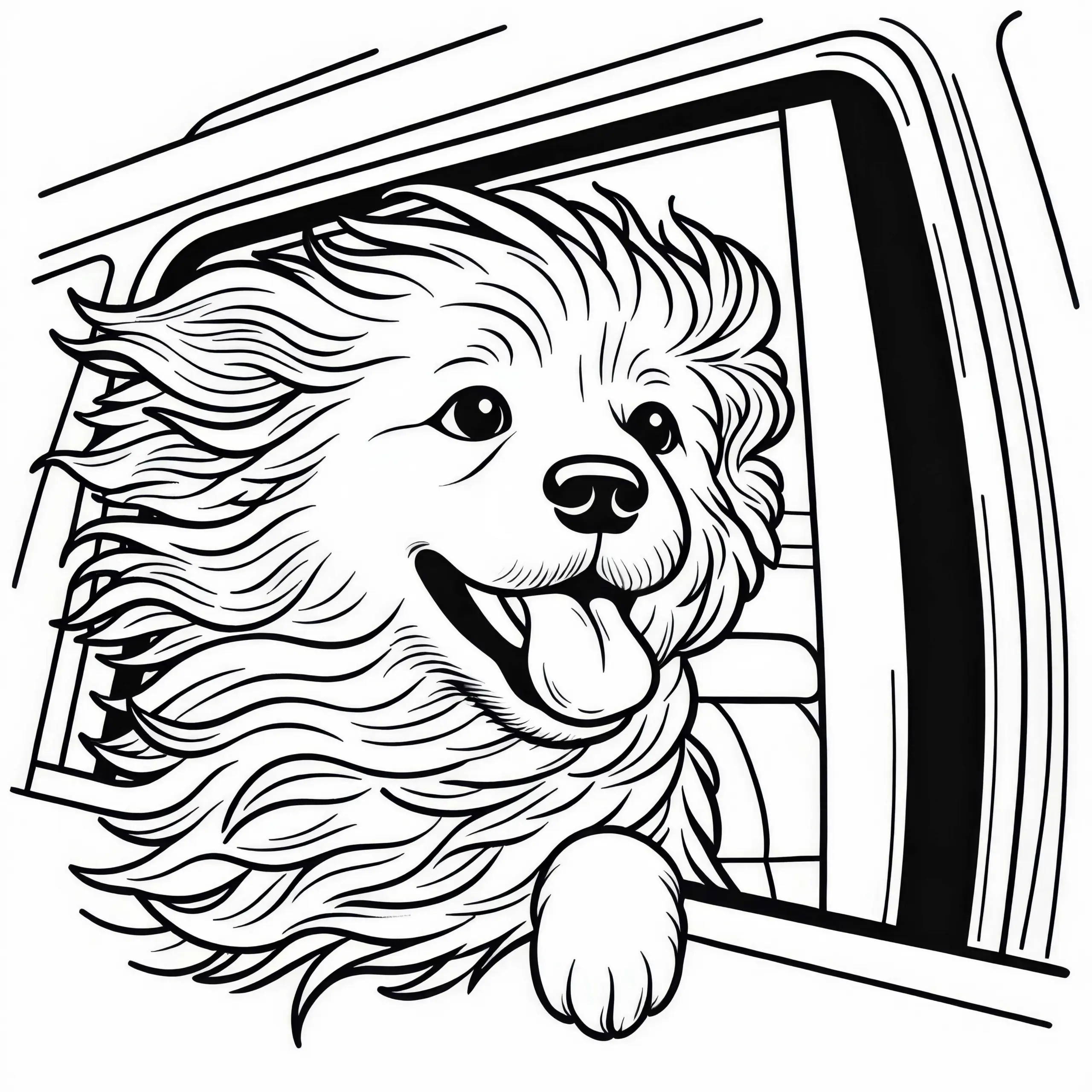 Hund schaut aus Autofenster mit wehenden Fell im Fahrtwind – Malvorlage kostenlos (Ausmalbild)