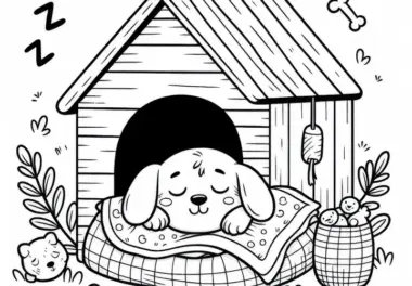Hund schläft im Hundekorb mit Kuscheldecke – Ausmalbild kostenlos