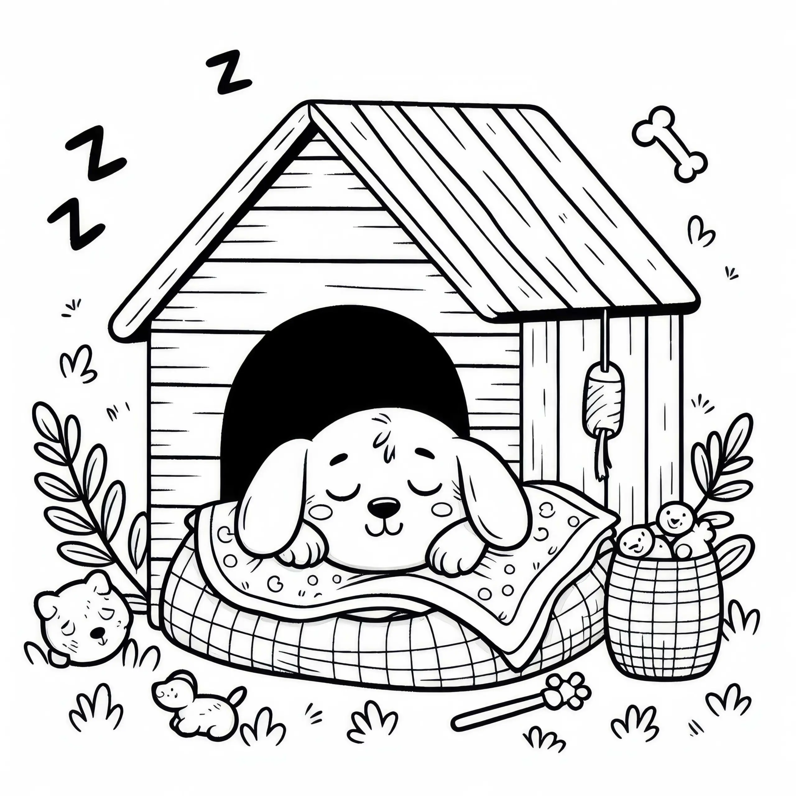 Hund schläft im Hundekorb mit Kuscheldecke – Ausmalbild kostenlos