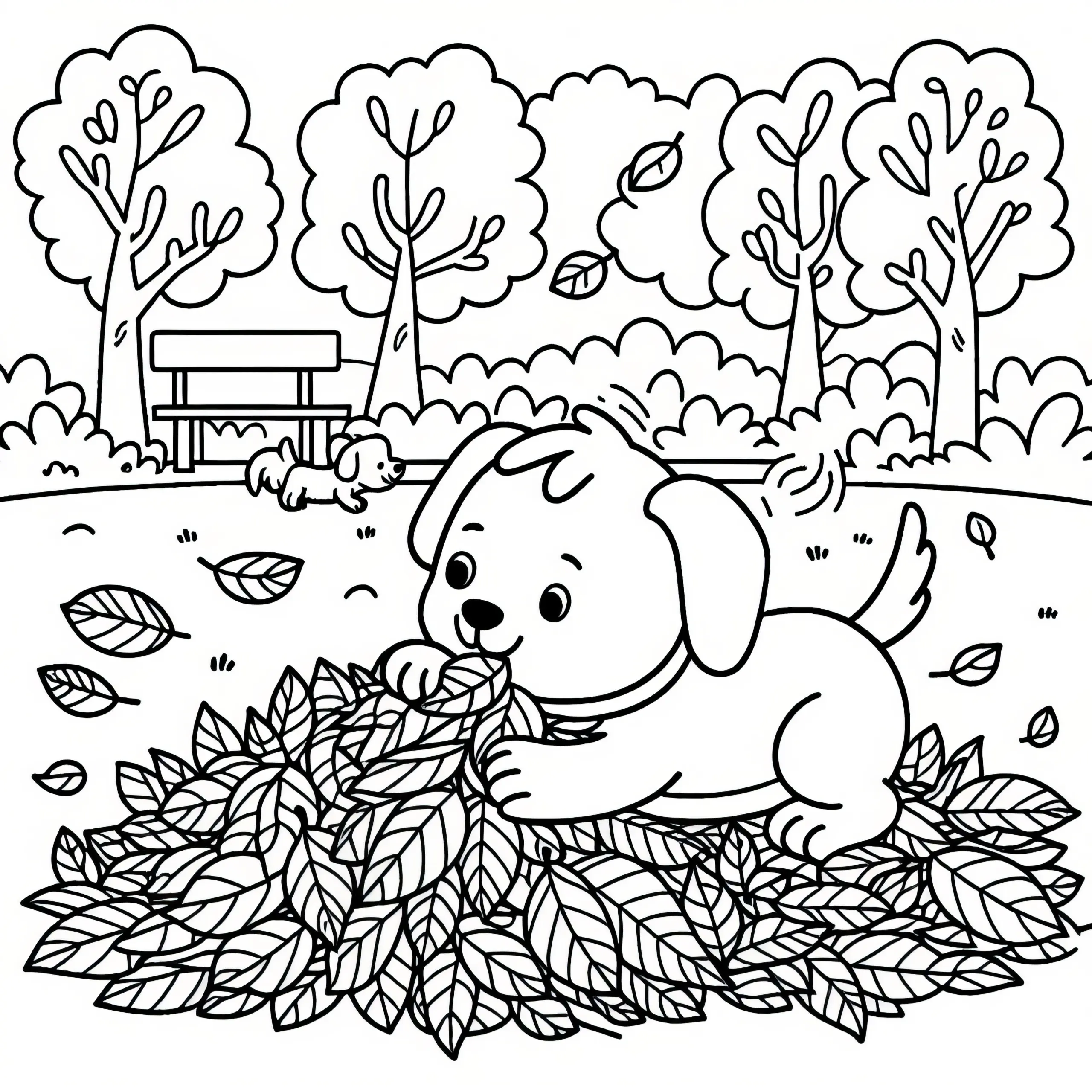 Hund spielt im Laubhaufen im Park im November: Malvorlage zum Download (Kostenlos) (Ausmalbild)