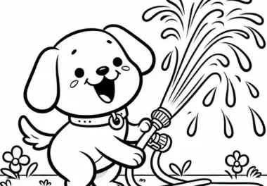 Hund spielt mit Wasserschlauch – Ausmalbild kostenlos