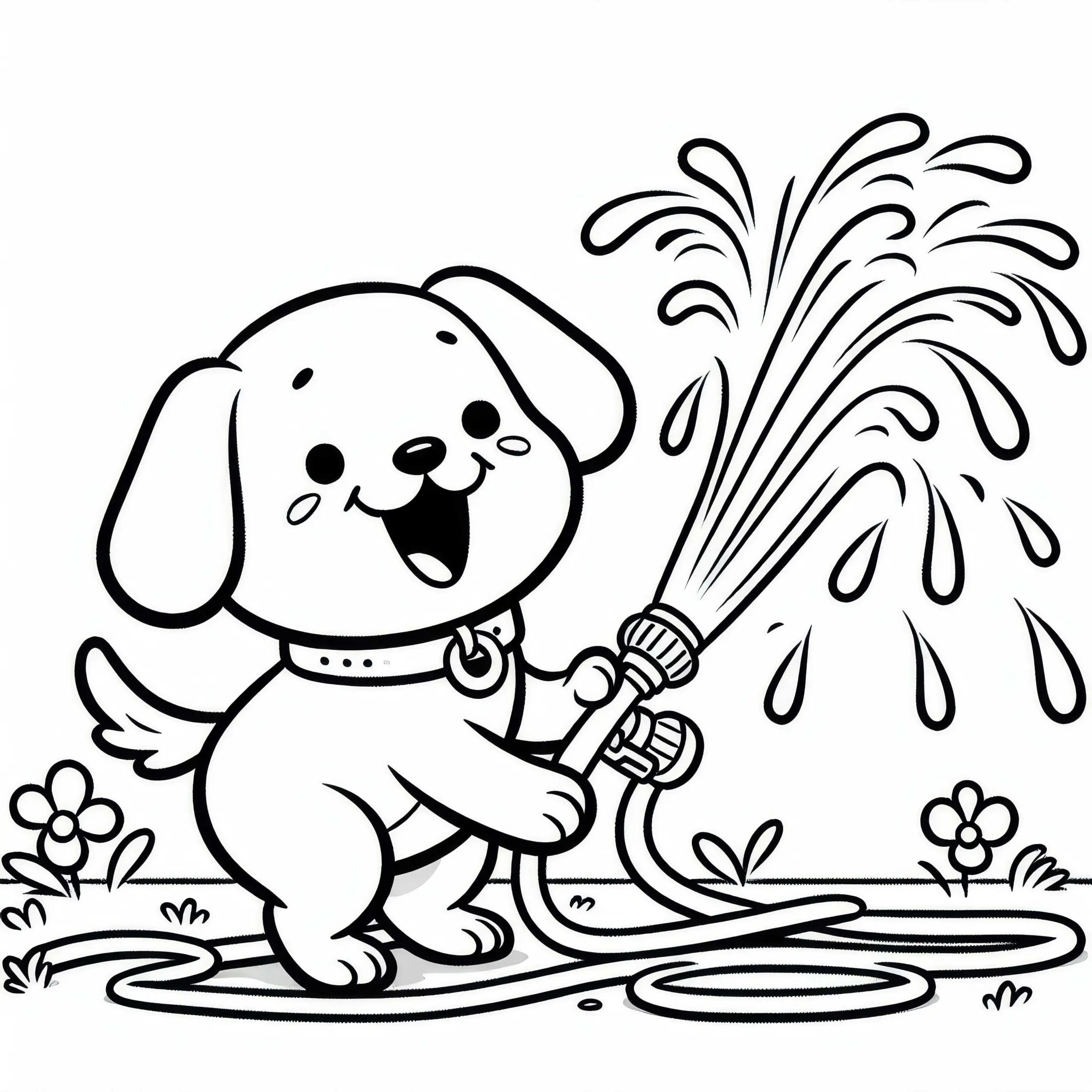 Hund spielt mit Wasserschlauch – Ausmalbild kostenlos