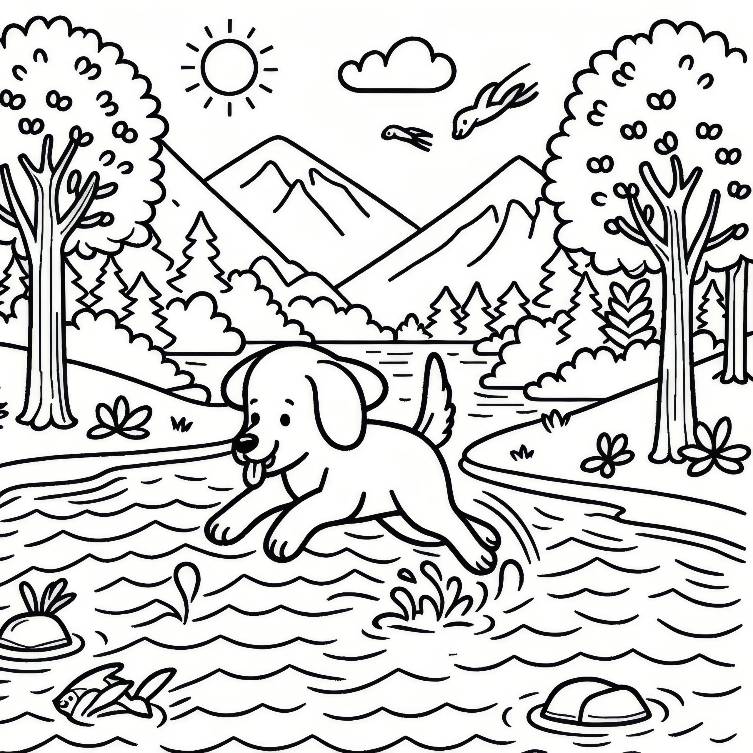 Hund springt in Fluss, um sich im August abzukühlen: Ausmalbild zum Download
