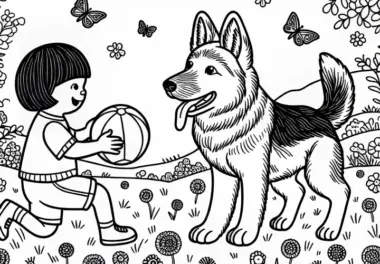 Hund und Kind Spielen mit Ball auf Wiese – Ausmalbild Gratis