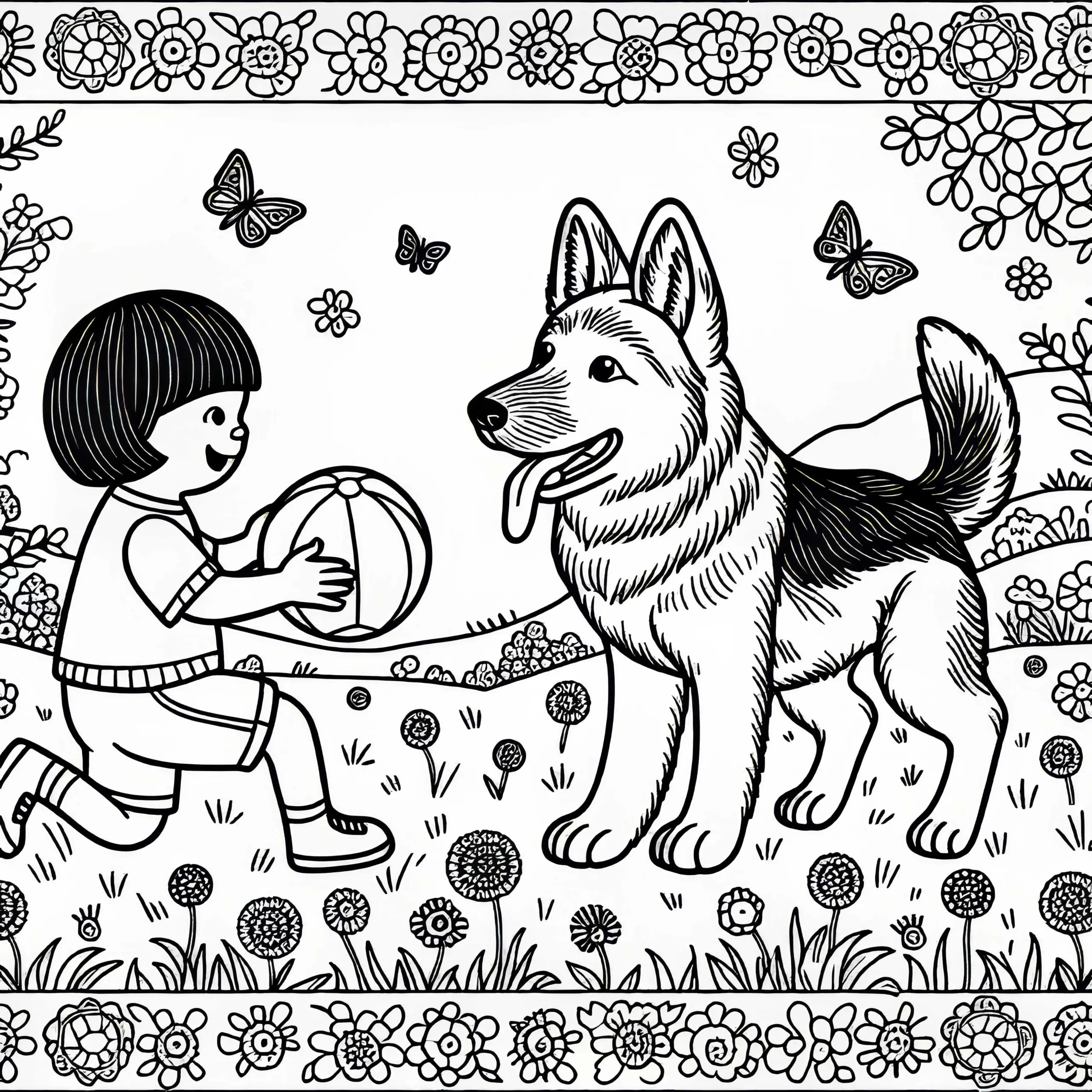 Hund und Kind Spielen mit Ball auf Wiese – Ausmalbild Gratis