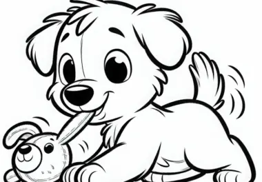 Hund zieht spielerisch Kuscheltier am Ohr – Ausmalbild gratis