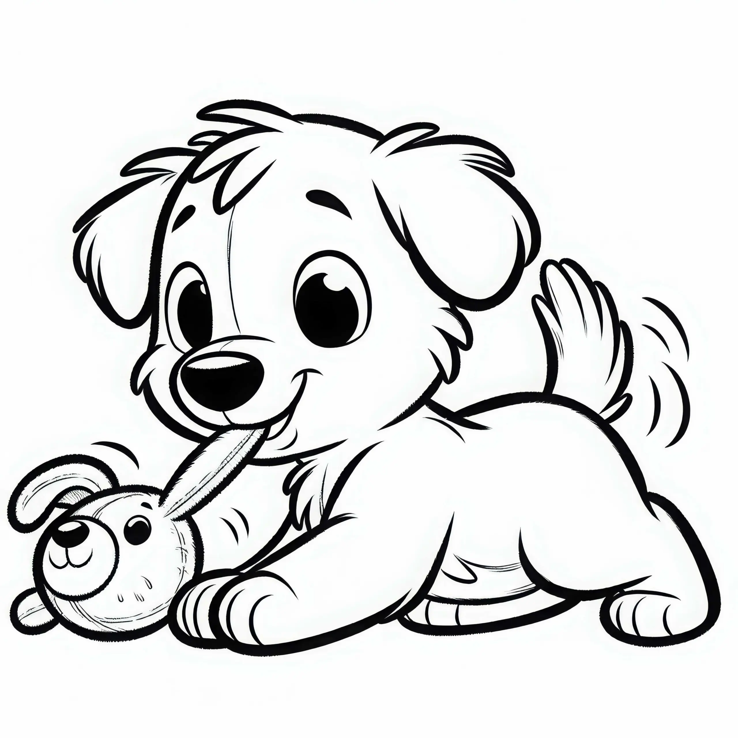 Hund zieht spielerisch Kuscheltier am Ohr – Ausmalbild gratis
