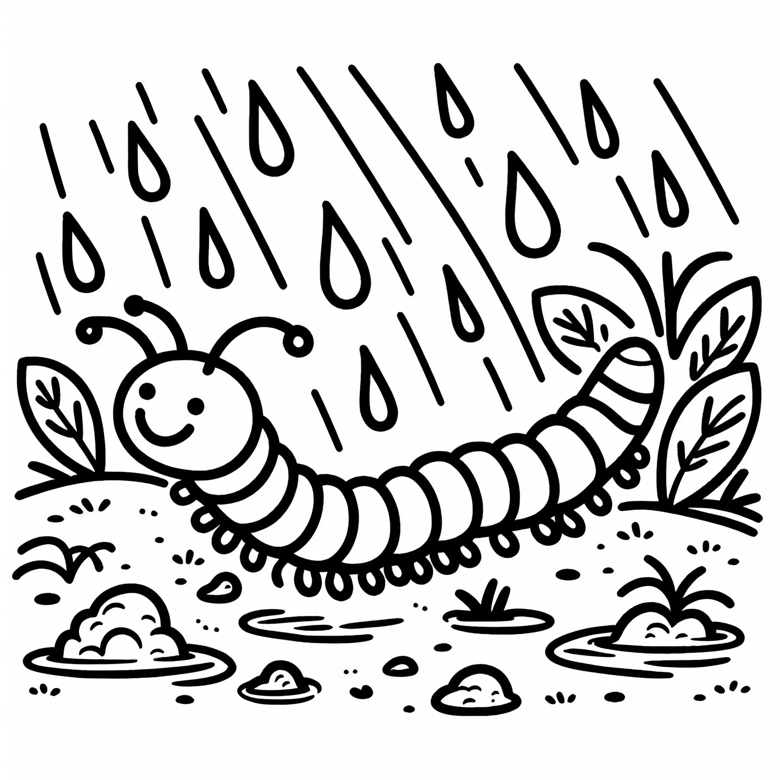 Ausmalbild eines Hundertfüßers im Regenschauer kostenlos herunterladen