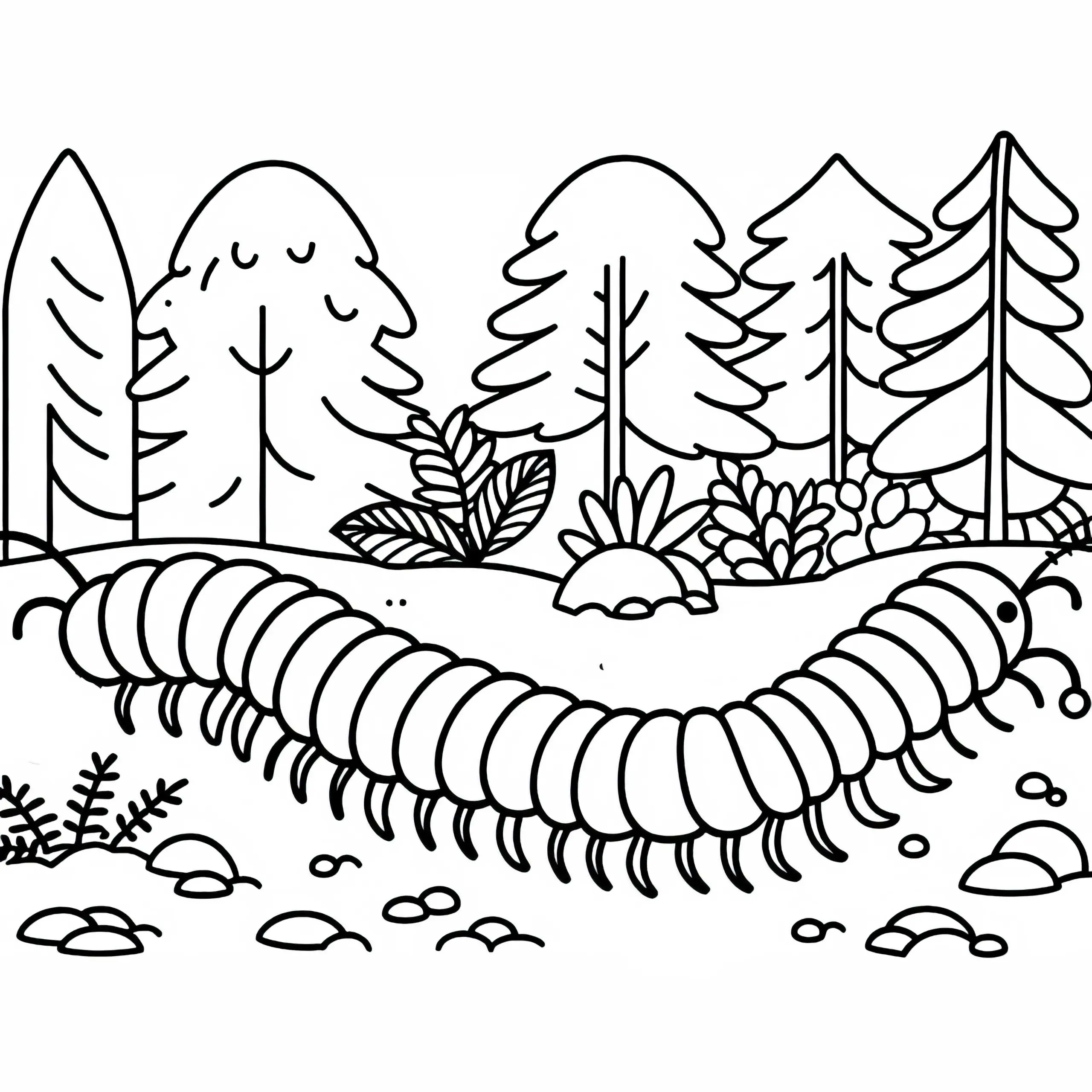 Hundertfüßer kriecht über Waldboden – Malvorlage kostenlos (Ausmalbild)
