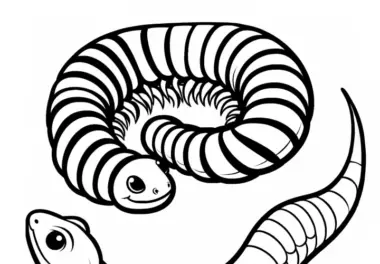 Hundertfüßer rollt sich schützend zusammen, als eine Eidechse ihn entdeckt – Ausmalbild gratis