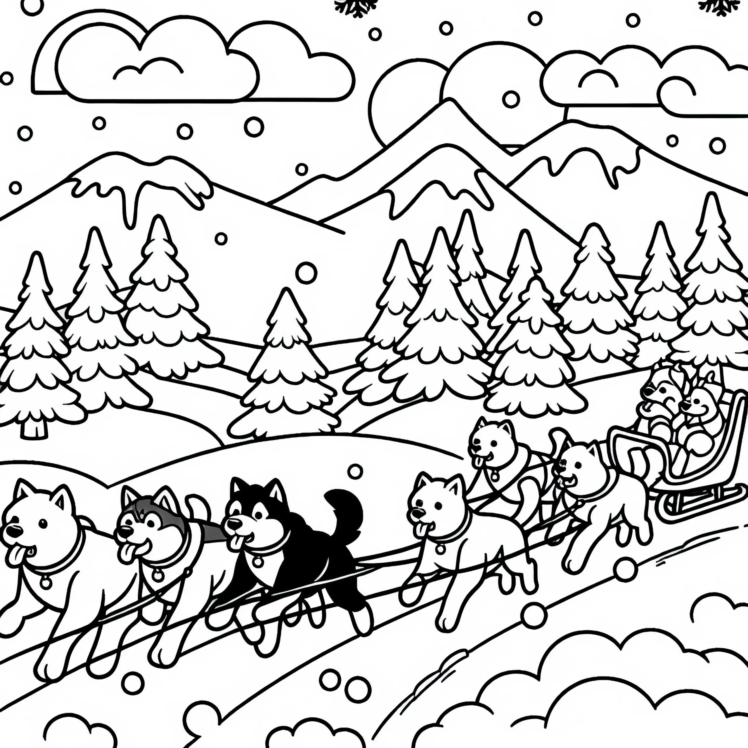 Hundeteam läuft beim Schlittenrennen durch verschneite Landschaft – Ausmalbild gratis