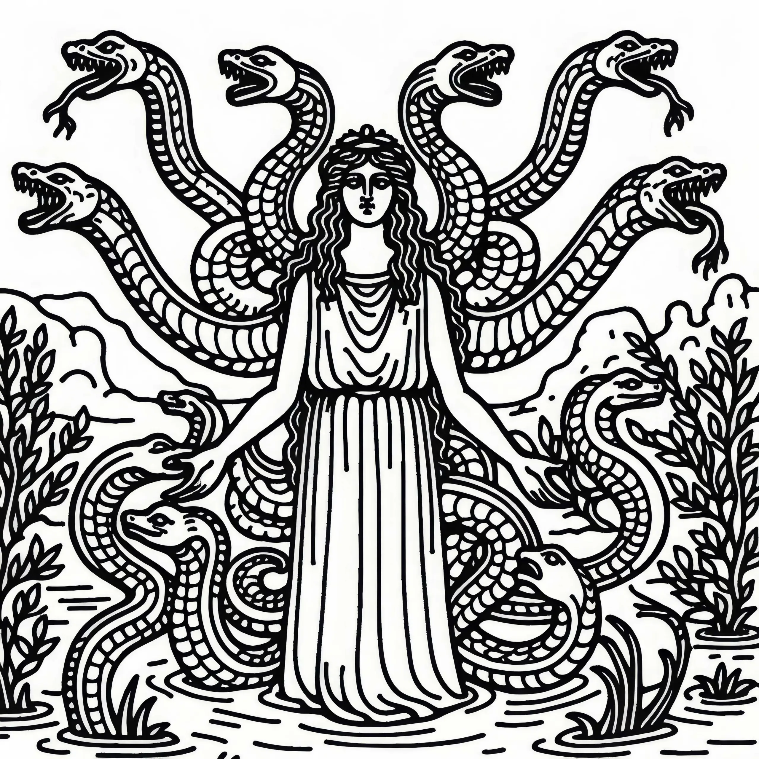 Hydra mit vielen Köpfen in einem Sumpf – Ausmalbild zur griechischen Mythologie kostenlos
