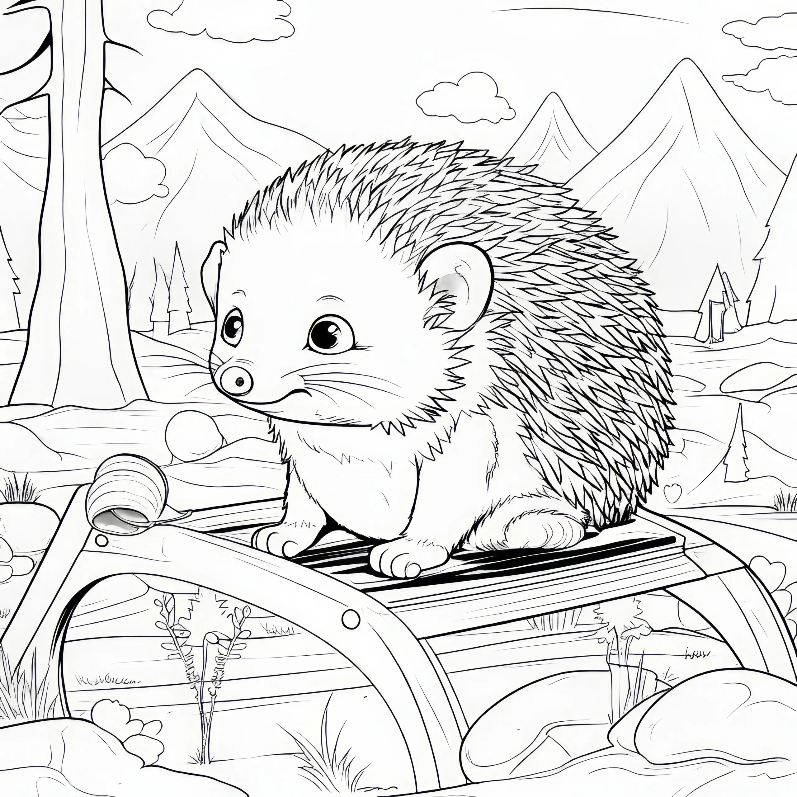 Igel auf einer Brücke im Wald: Gratis Malvorlage (Ausmalbild)