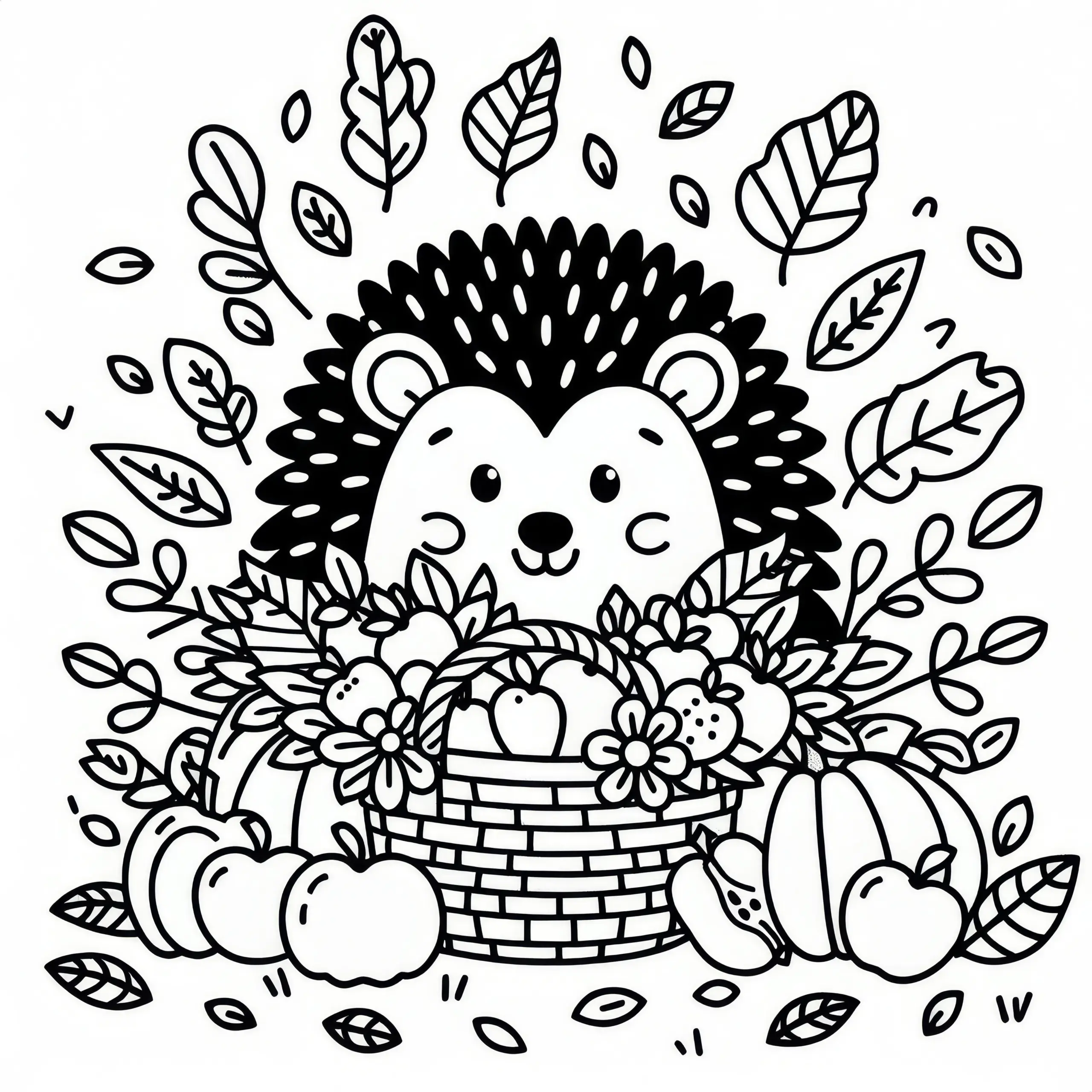 Igel mit gesammelten Früchten und Blättern zum Erntedankfest: Malvorlage zum Download (Kostenlos) (Ausmalbild)