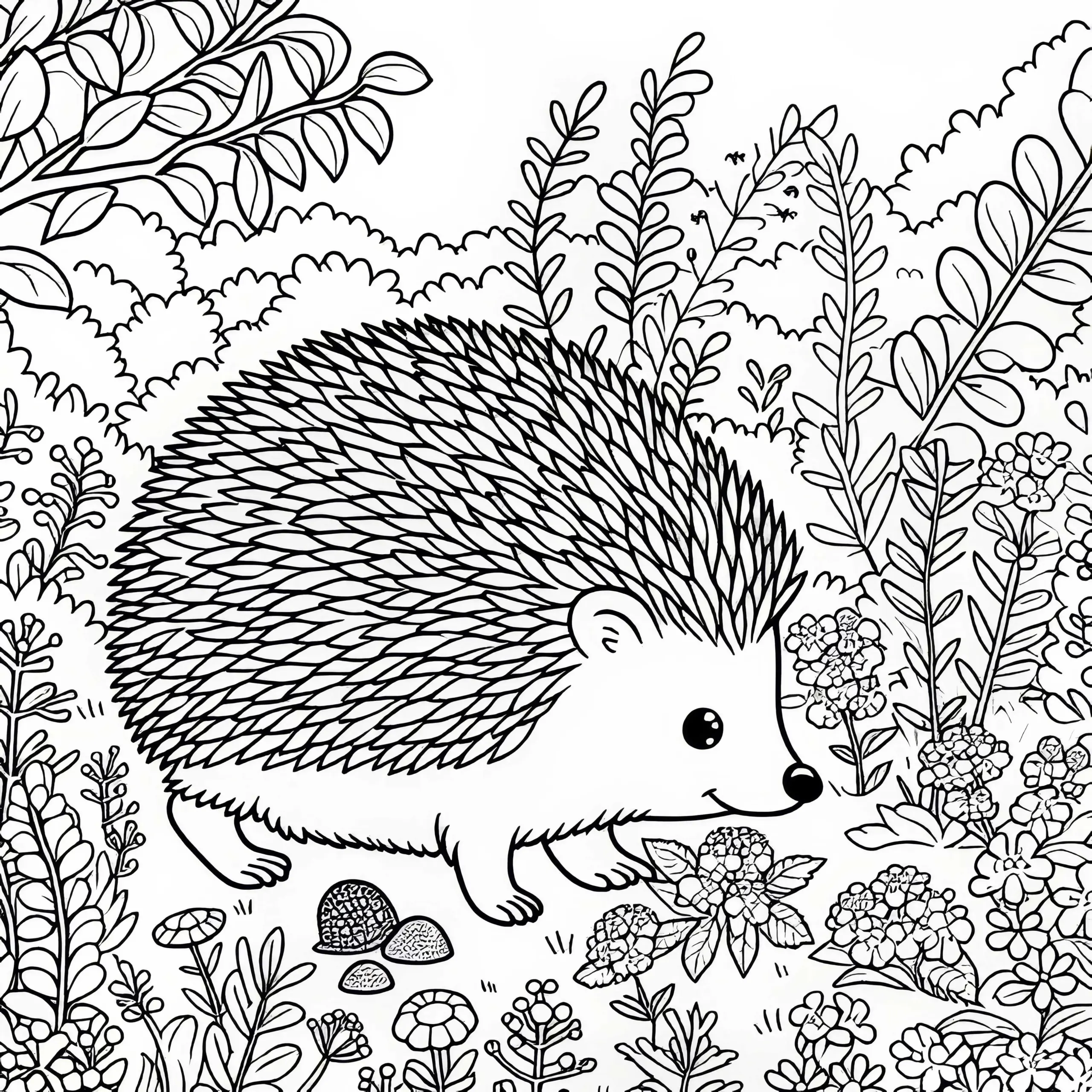 Igel läuft durch Kräutergarten – Ausmalbild kostenlos