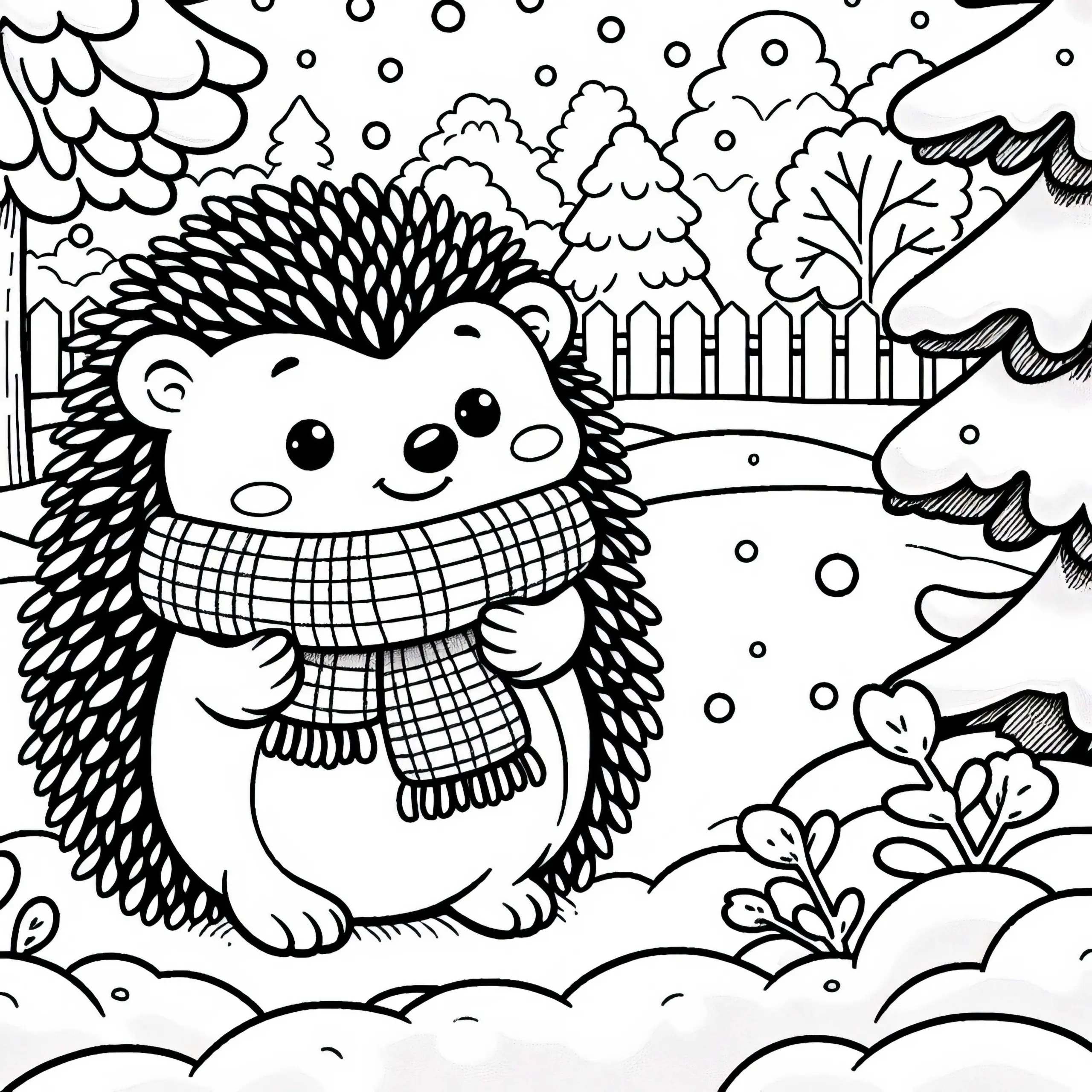 Igel mit Schal im verschneiten Garten – Malvorlage kostenlos (Ausmalbild)
