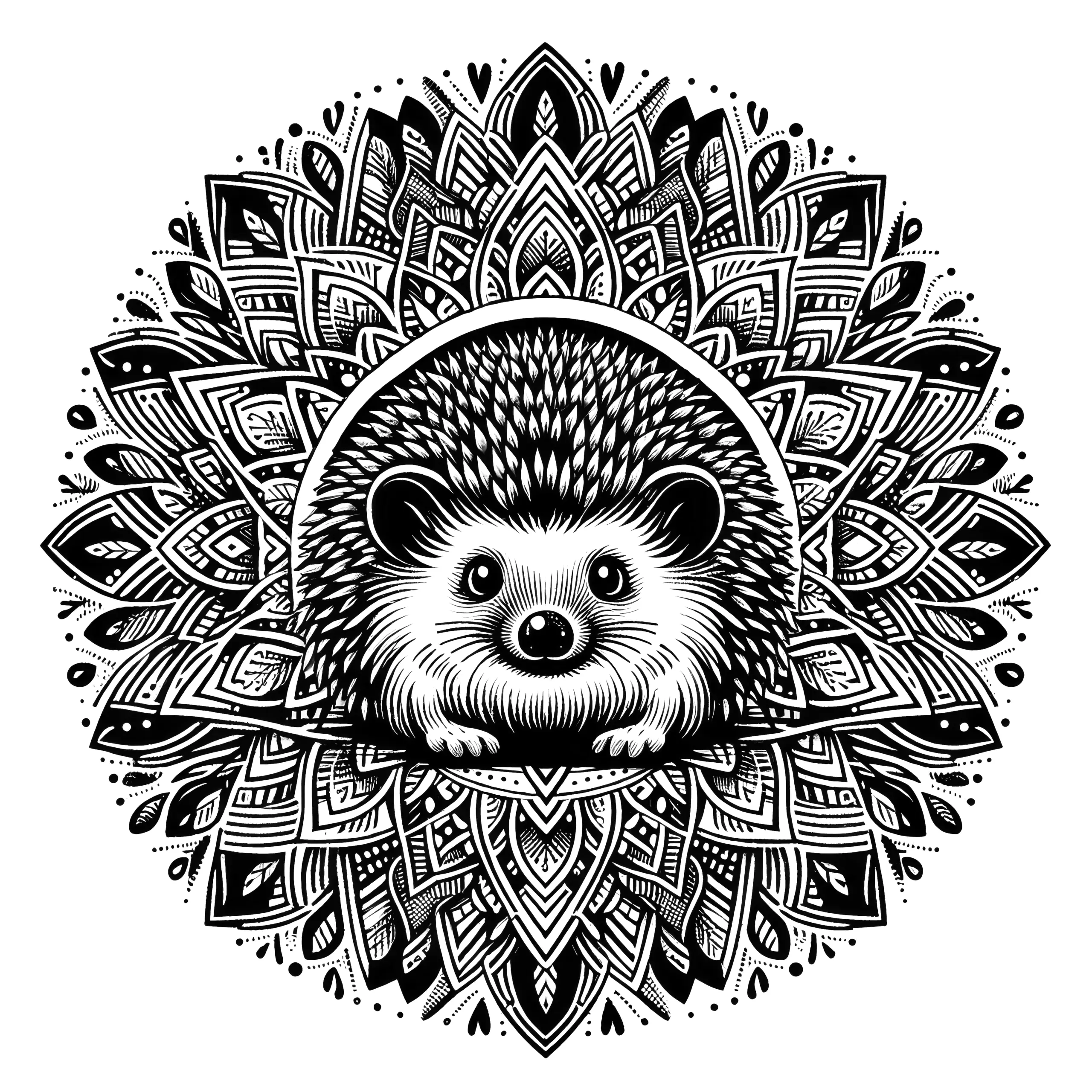 Süßes Igel-Mandala komplex: Bild kostenlos zum Ausdrucken (Ausmalbild)