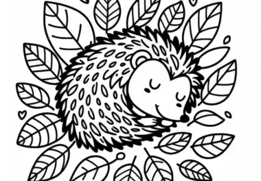 Igel schläft eingerollt im Laubbett – Ausmalbild Herbst gratis
