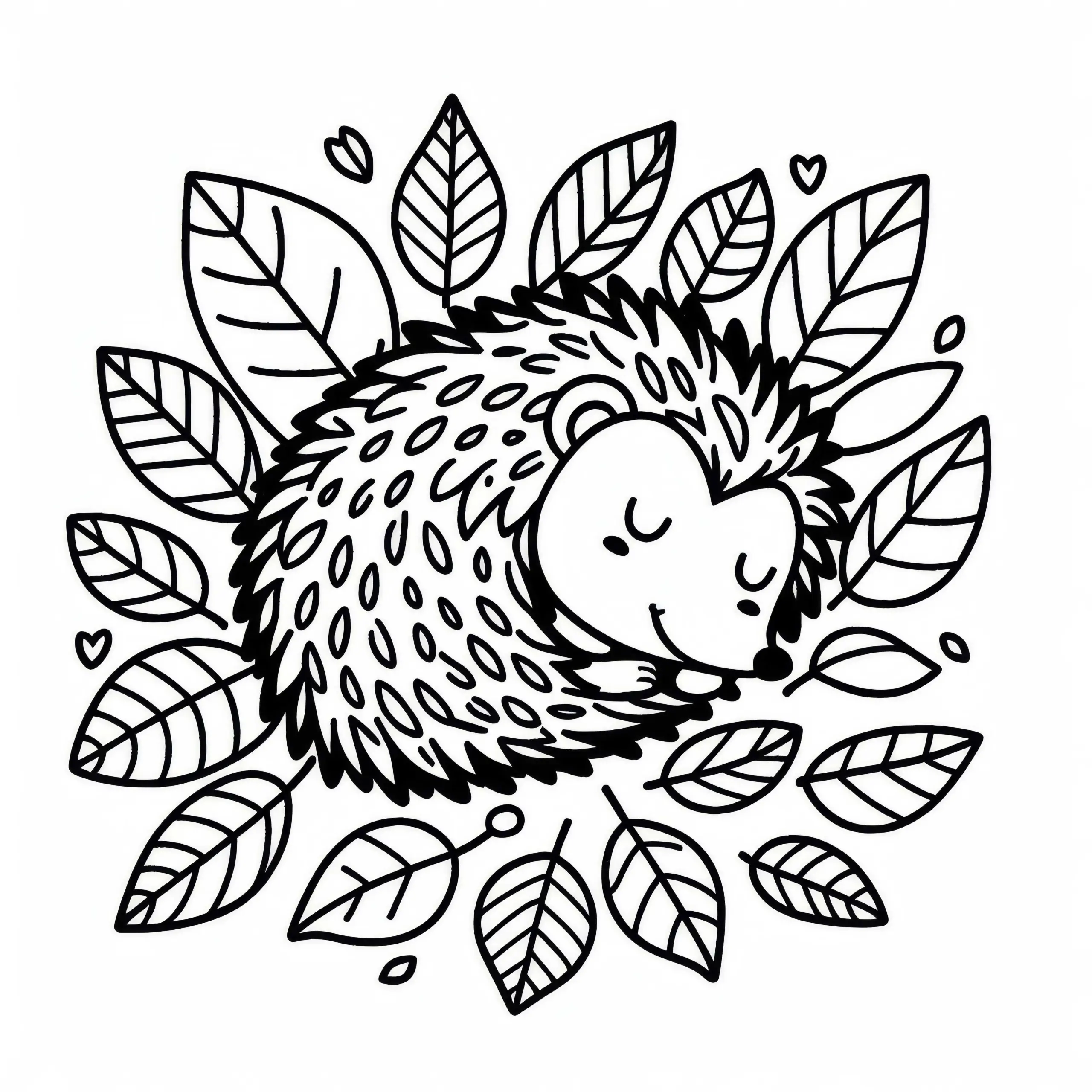 Igel schläft eingerollt im Laubbett – Ausmalbild Herbst gratis