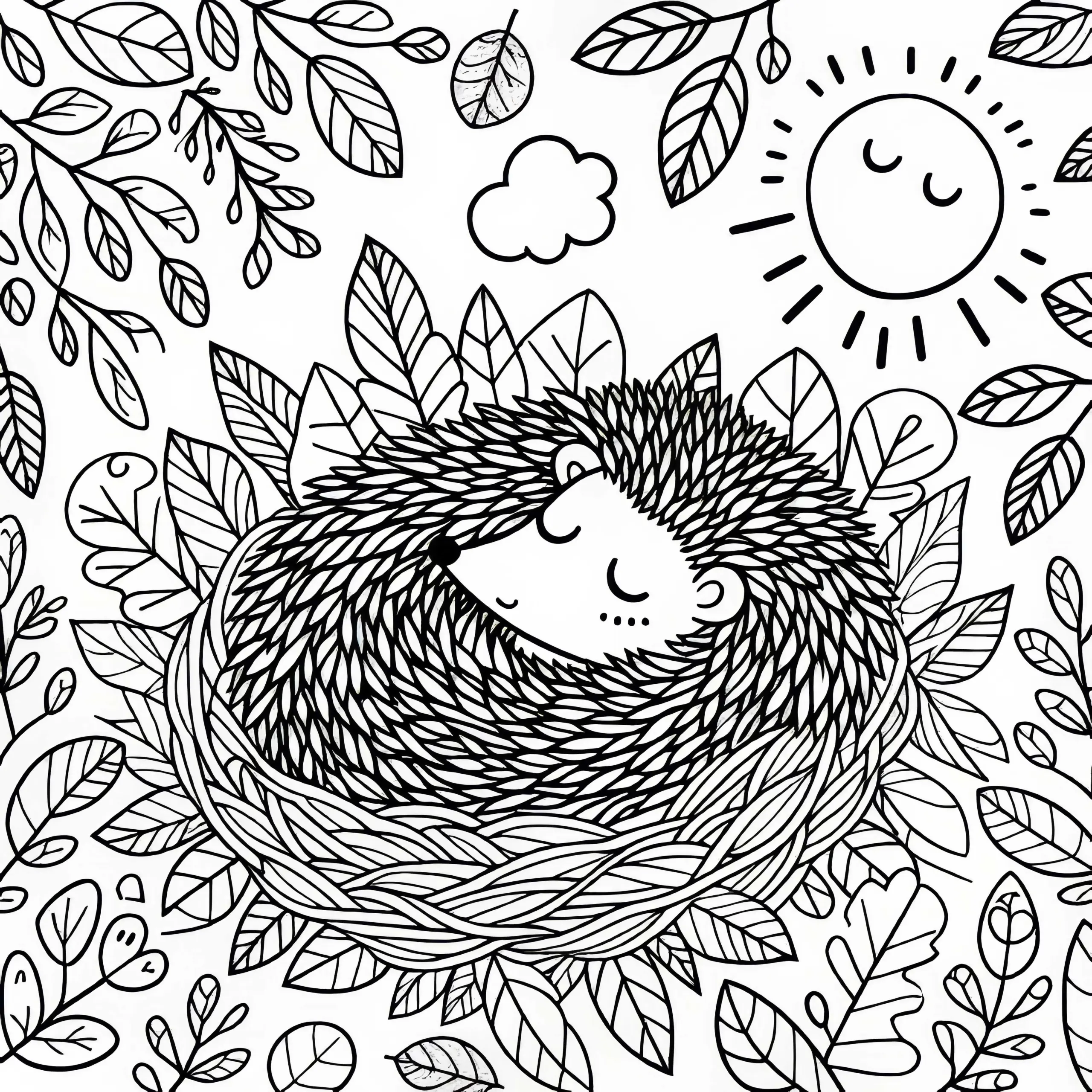 Igel schläft in seinem Nest – Malvorlage kostenlos (Ausmalbild)
