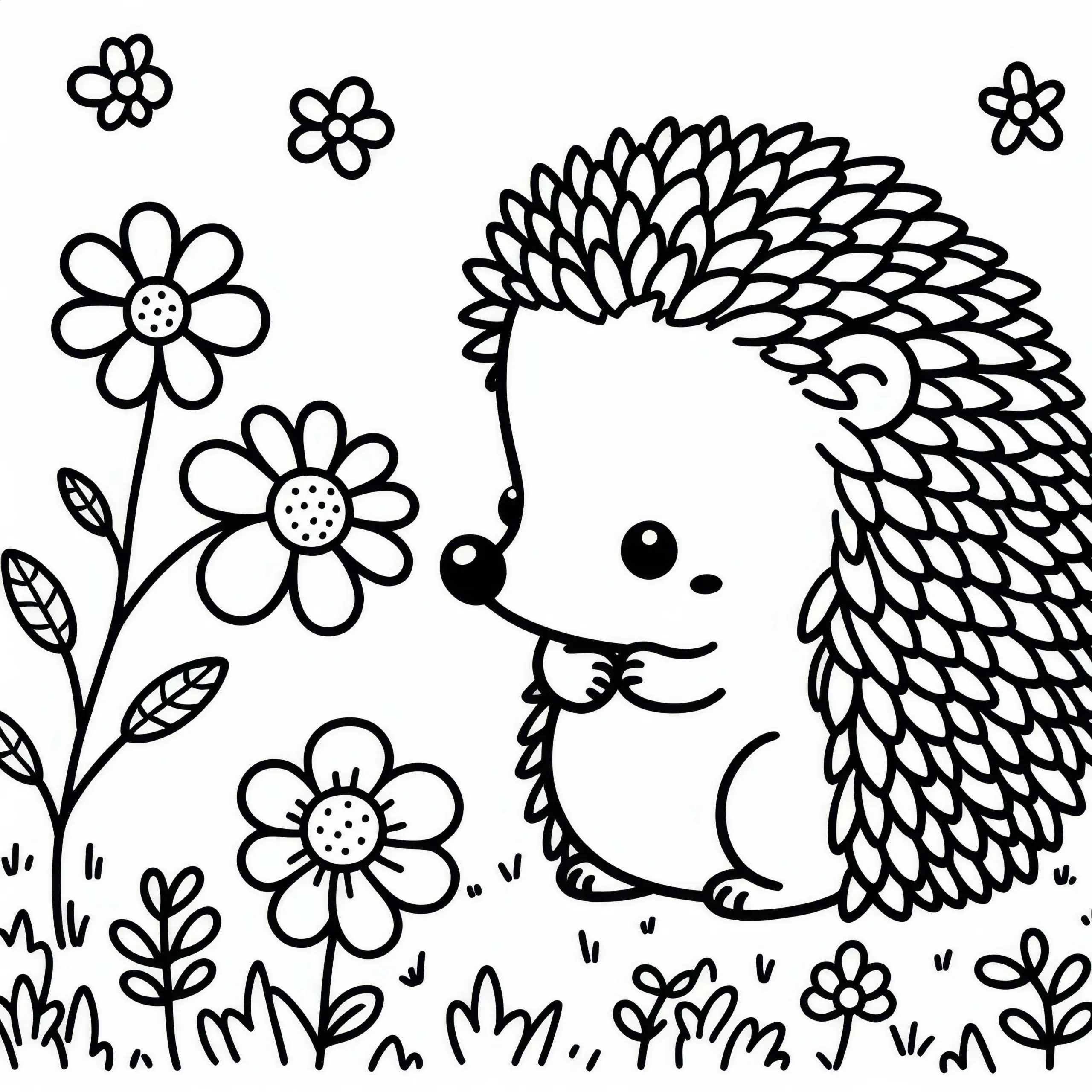 Igel schnuppert neugierig an Blume – Ausmalbild kostenlos