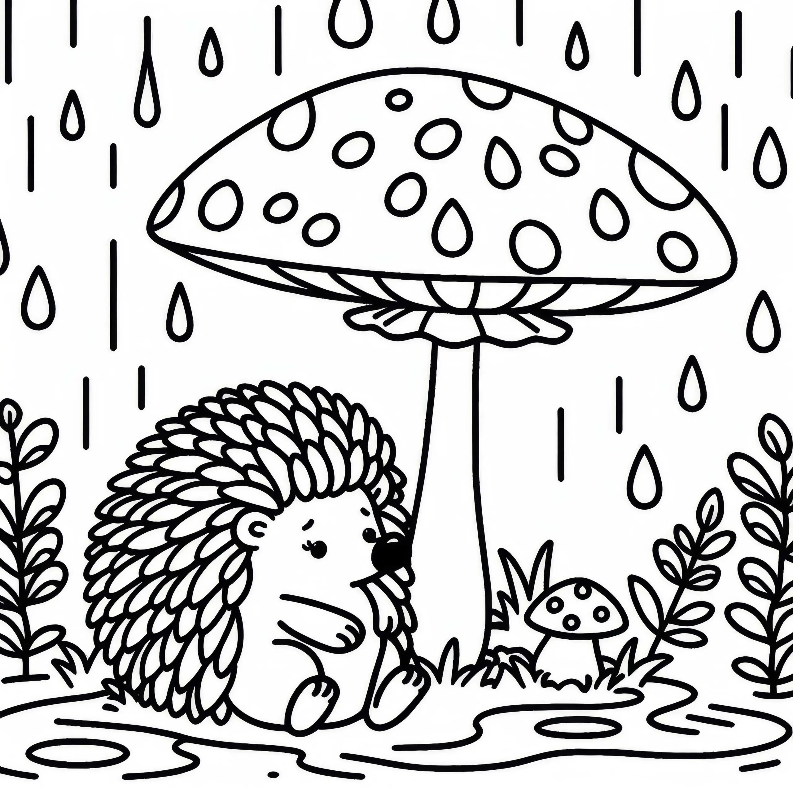 Igel sitzt unter Pilz im Regen – Malvorlage gratis (Ausmalbild)