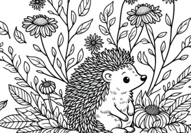 Igel sitzt zwischen verblühenden Herbstblumen – Ausmalbild kostenlos