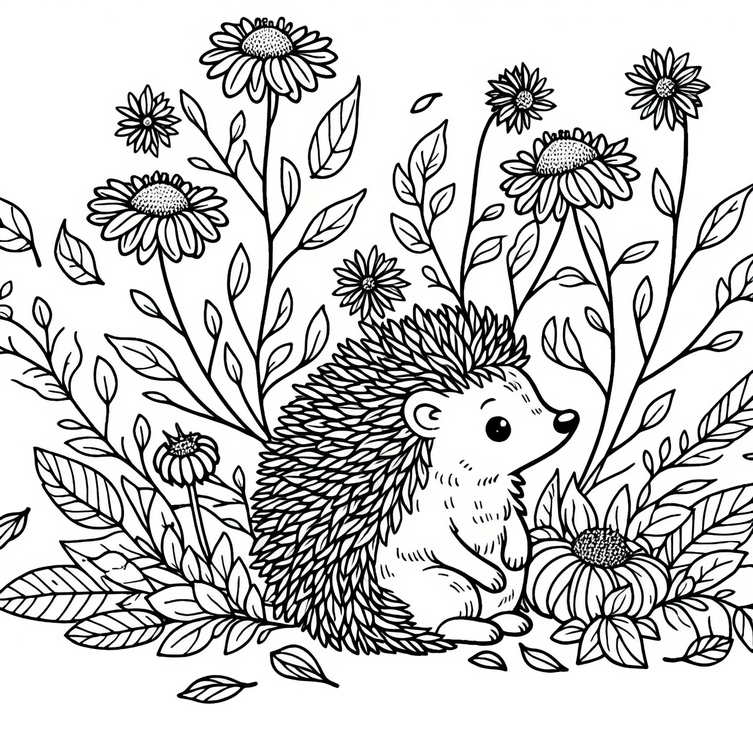 Igel sitzt zwischen verblühenden Herbstblumen – Ausmalbild kostenlos