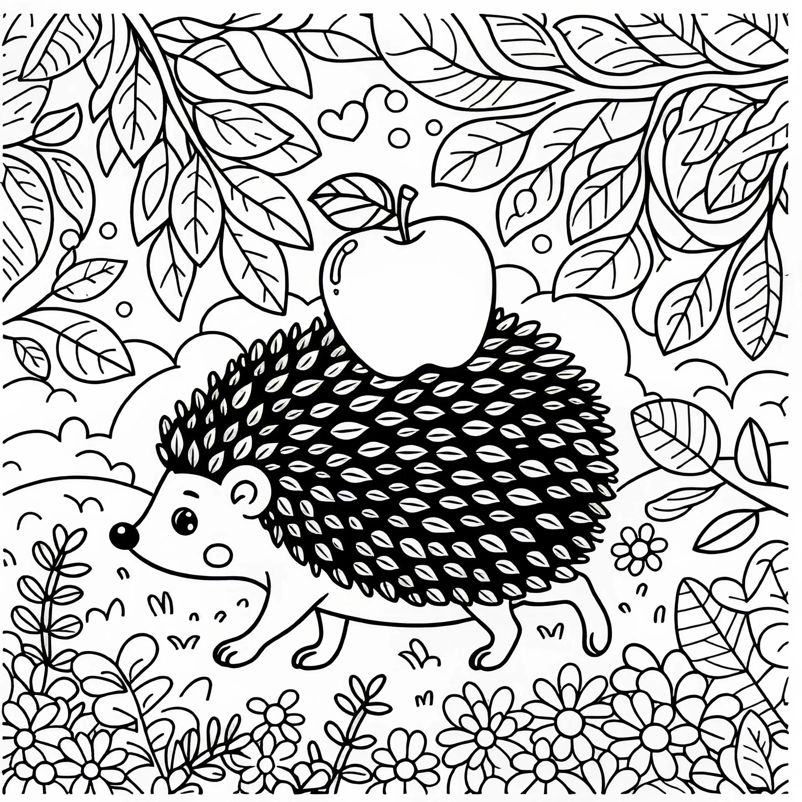 Igel trägt Apfel auf Rücken – Malvorlage kostenlos (Ausmalbild)