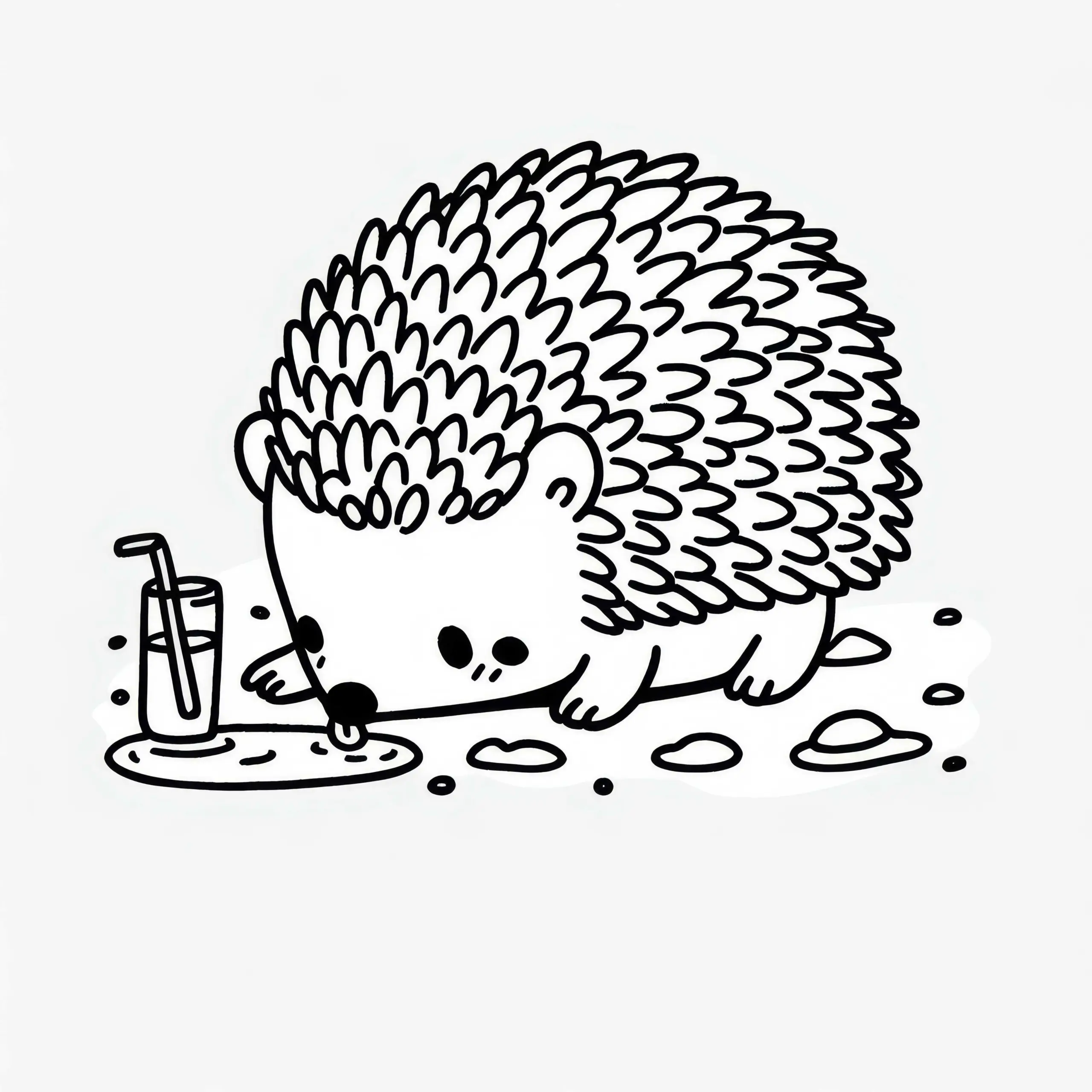 Igel trinkt aus Pfütze – Malvorlage kostenlos (Ausmalbild)