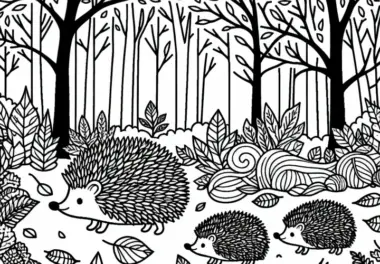 Igel-Familie läuft über Waldlichtung – Malvorlage Herbst kostenlos