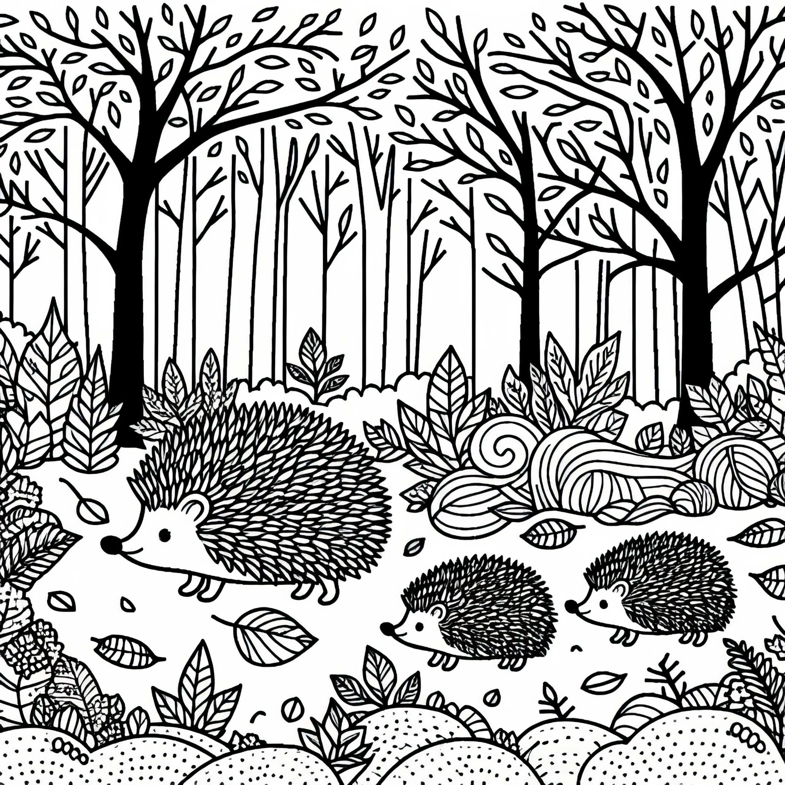 Igel-Familie läuft über Waldlichtung – Malvorlage Herbst kostenlos (Ausmalbild)