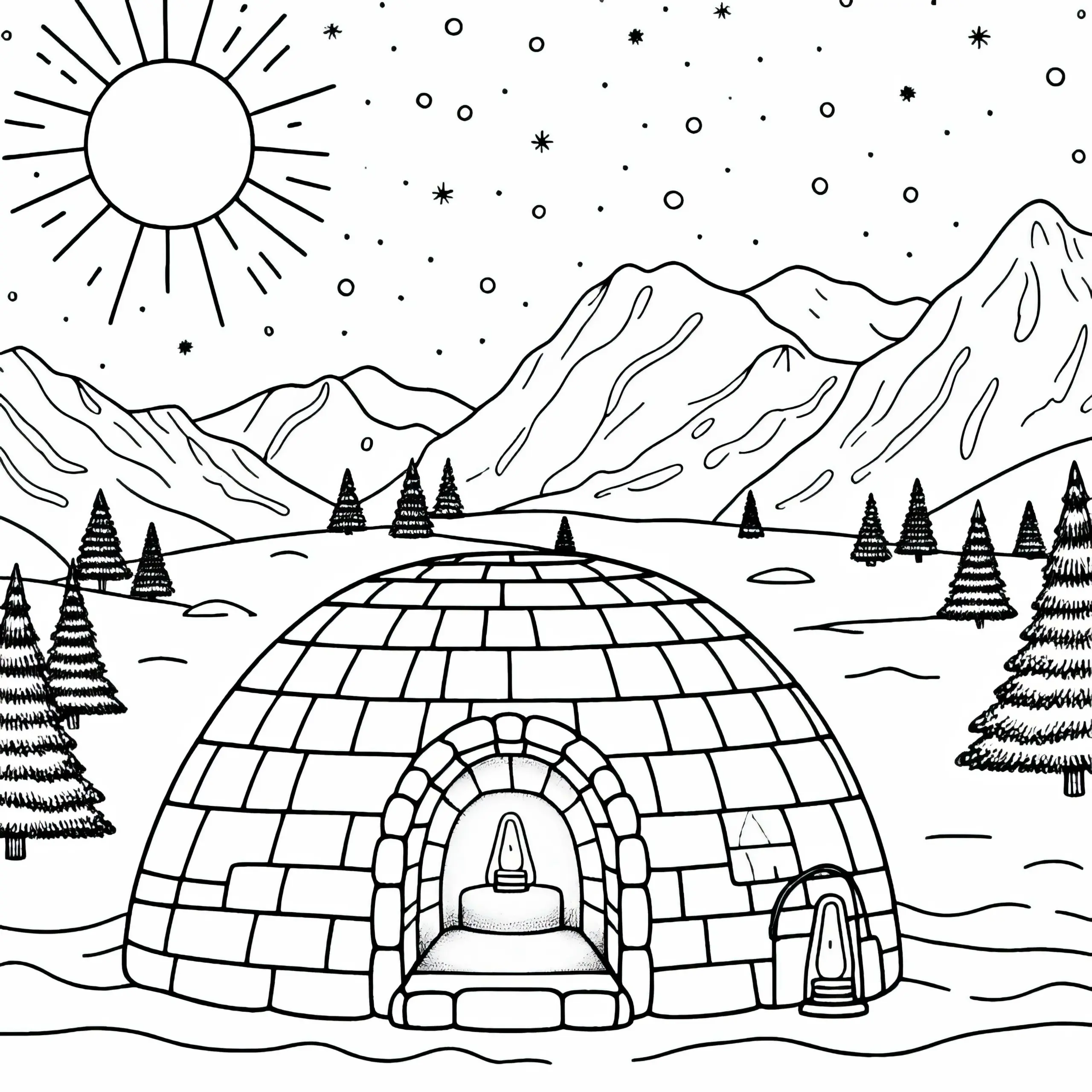 Iglu mit brennender Lampe – Malvorlage Polarregion kostenlos (Ausmalbild)
