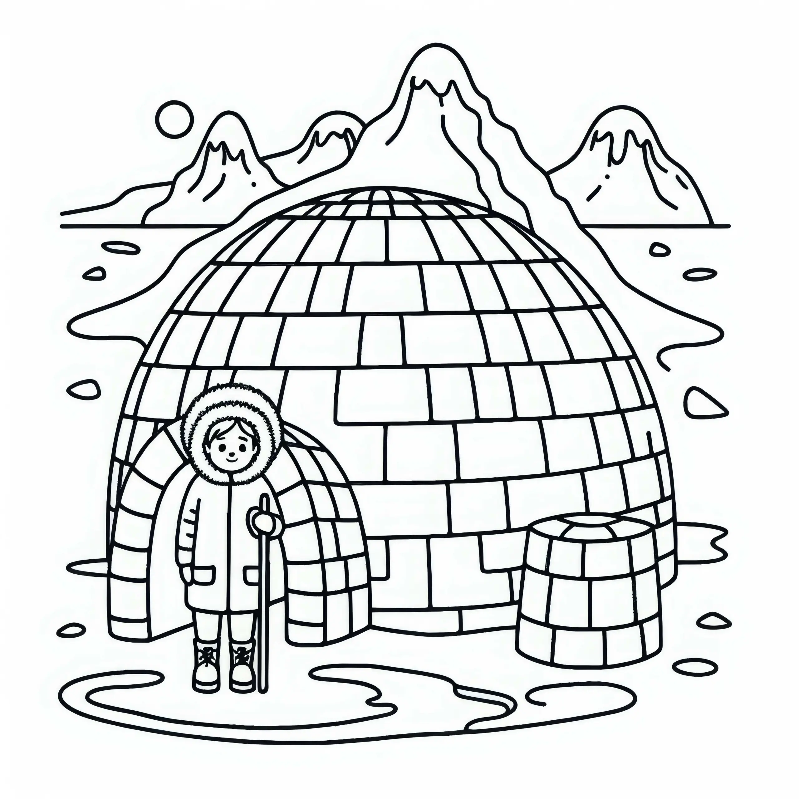 Iglu mit Kind im Winteranzug – Malvorlage Antarktis Kostenlos (Ausmalbild)