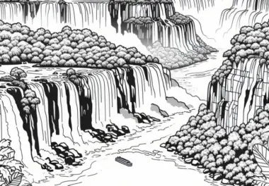 Iguazú Wasserfälle in Argentinien und Brasilien mit Regenwald – Malvorlage Südamerika kostenlos