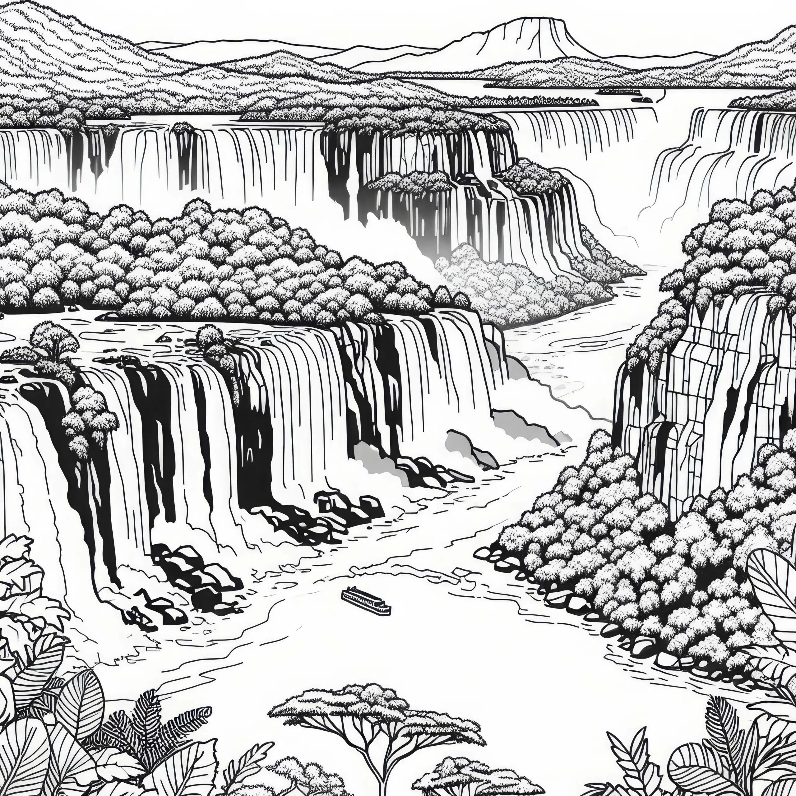 Iguazú Wasserfälle in Argentinien und Brasilien mit Regenwald – Malvorlage Südamerika kostenlos (Ausmalbild)