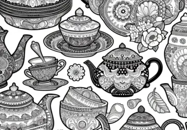 Illustrationen von Teekannen aus Porzellan – Malvorlage für Erwachsene kostenlos
