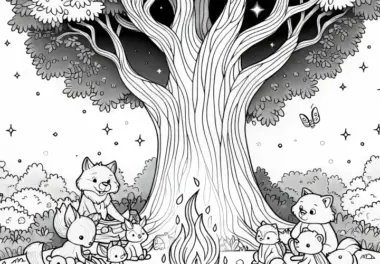 Im verzauberten Märchenwald versammeln sich Tiere um Lagerfeuer unter Baum – Malvorlage kostenlos