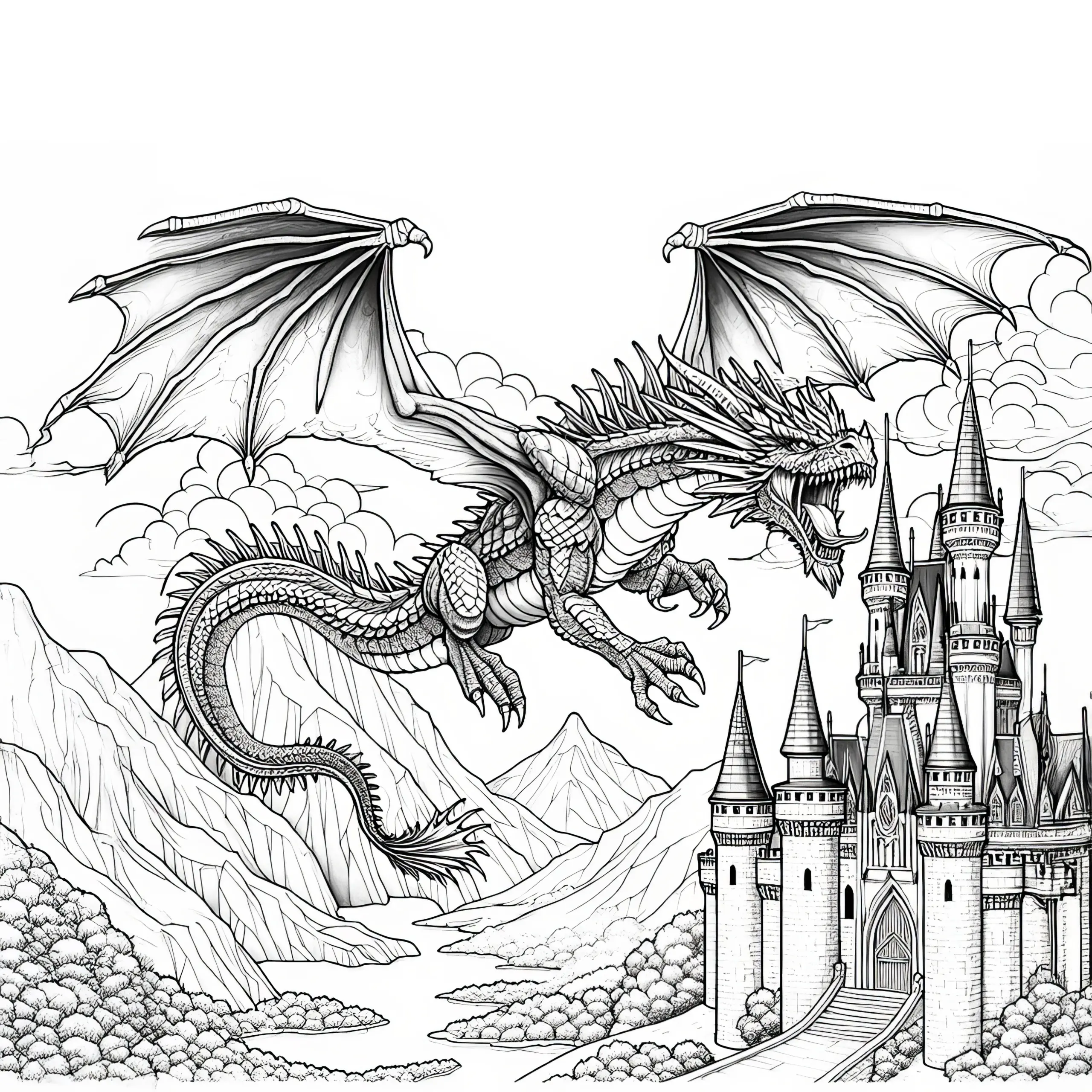 Imposanter Drache über einer Burg: Realistisches Ausmalbild (Kostenlos)