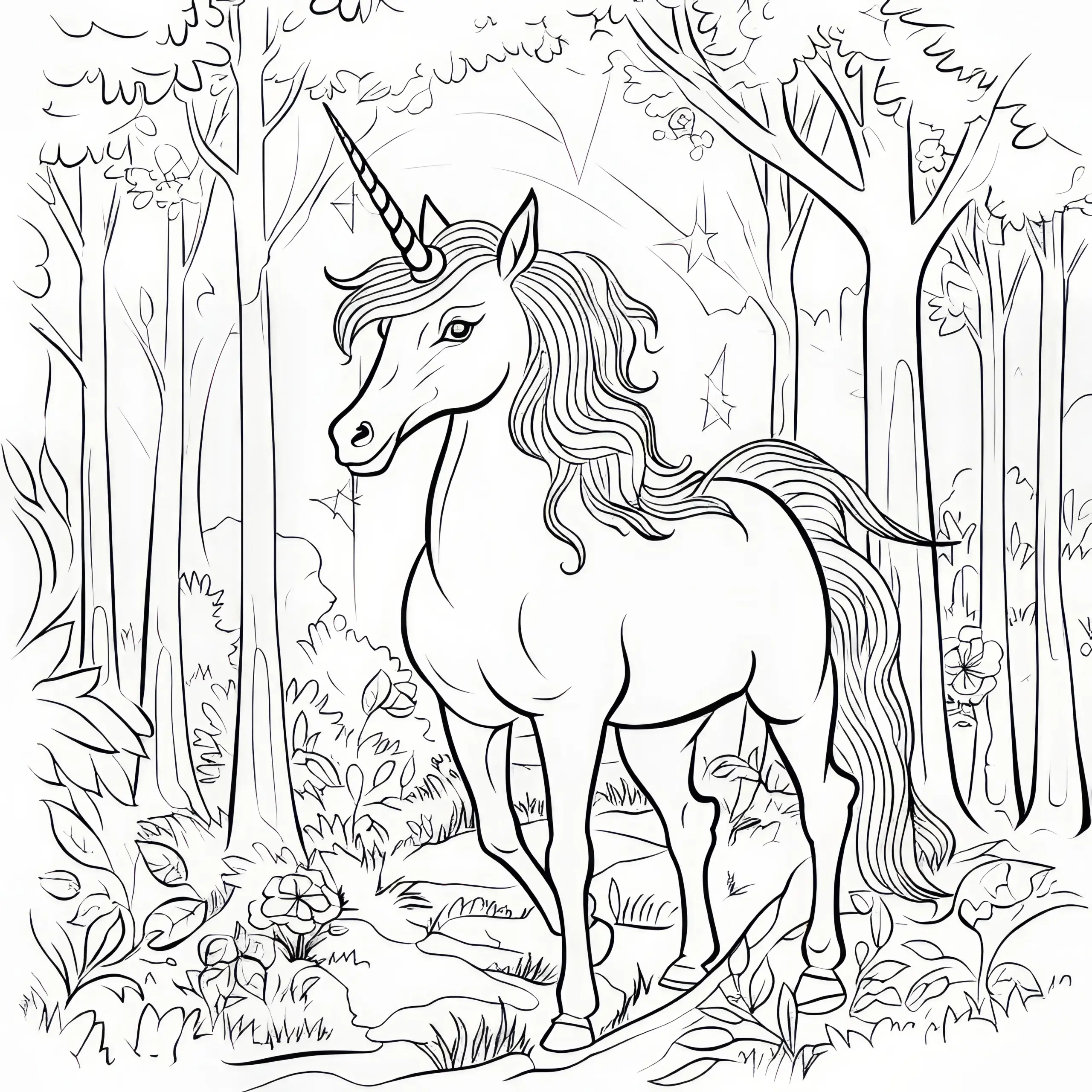 Imposantes Einhorn im Märchenwald: Malvorlage kostenlos (Ausmalbild)