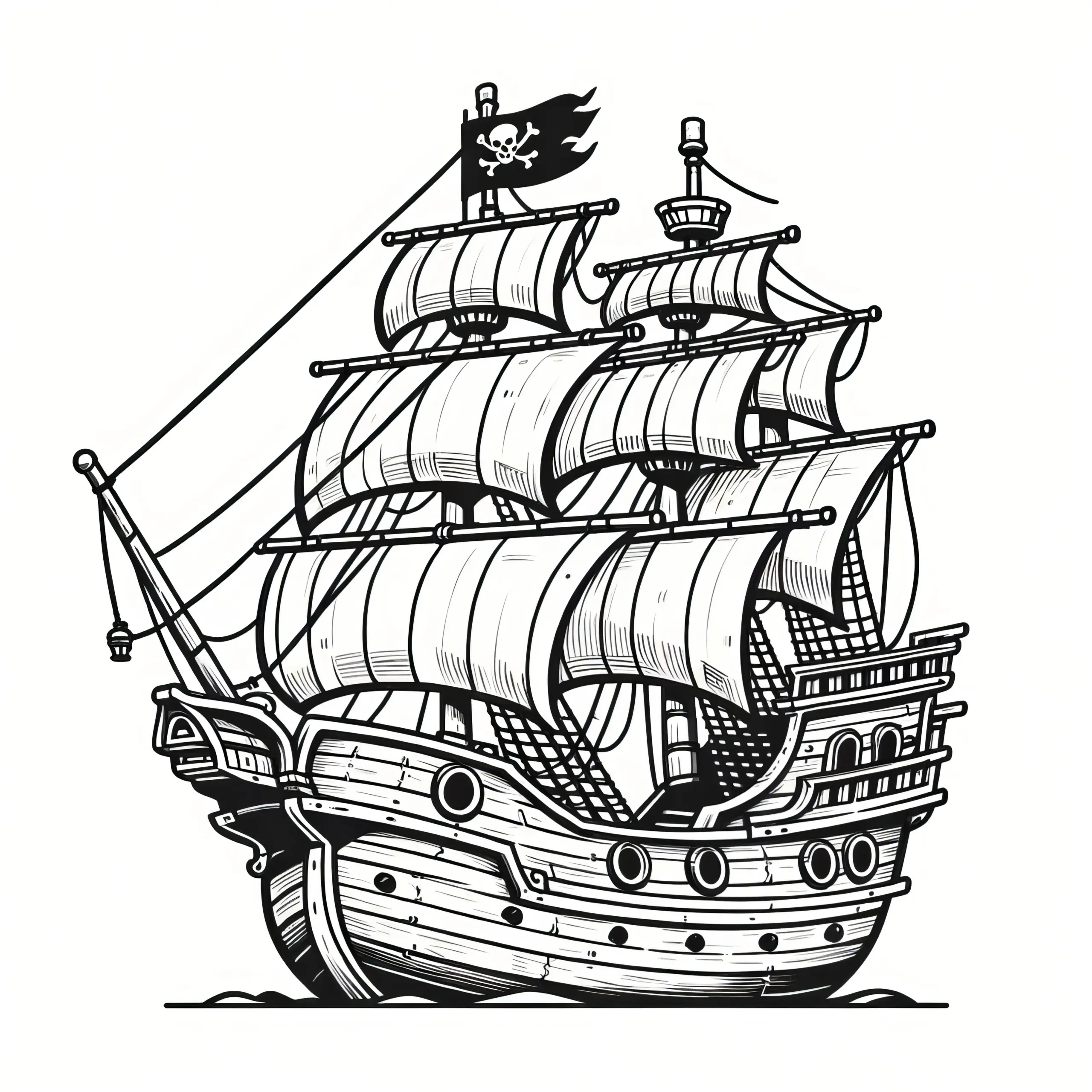 Imposantes Segelschiff mit vielen Segeln zum Ausmalen (Kostenlos) (Ausmalbild)