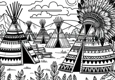 Indianerdorf mit Tipis – Ausmalbild Nordamerika kostenlos