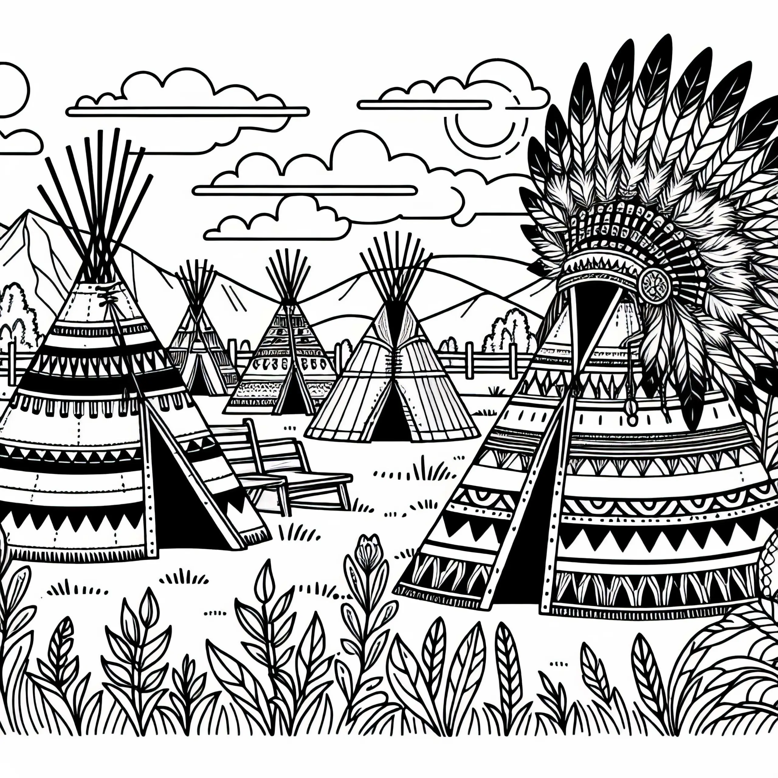 Indianerdorf mit Tipis – Ausmalbild Nordamerika kostenlos