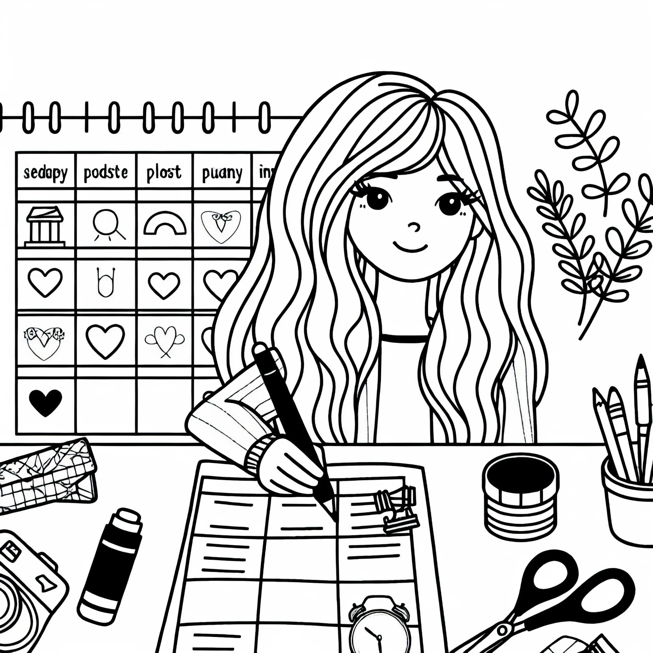 Ausmalbild für Influencerin mit Pflanzen und Kalender – Gratis Download