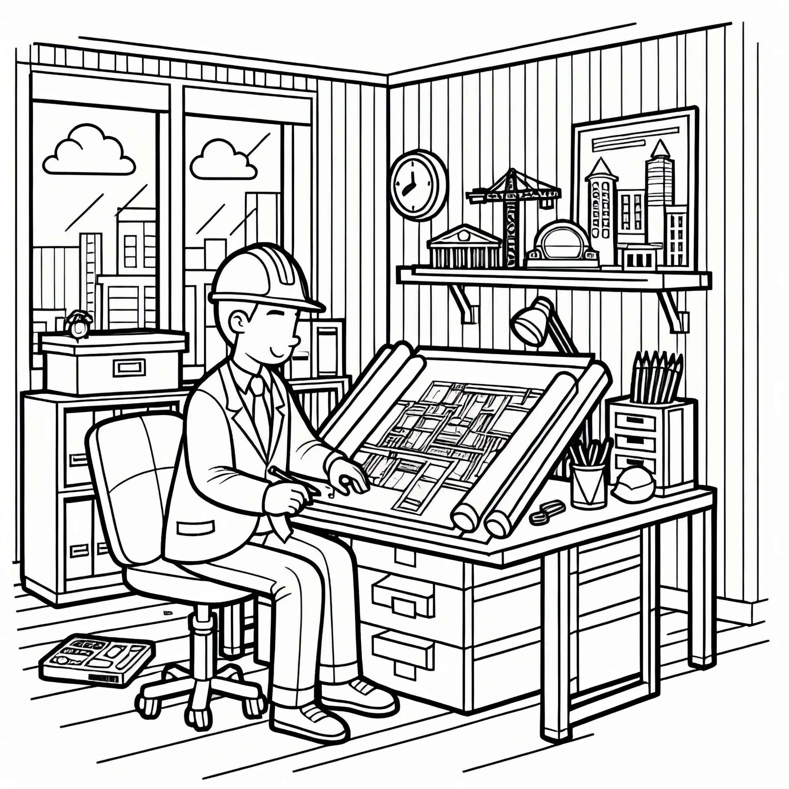Ingenieurbüro eines Bauingenieurs – Ausmalbild kostenlos